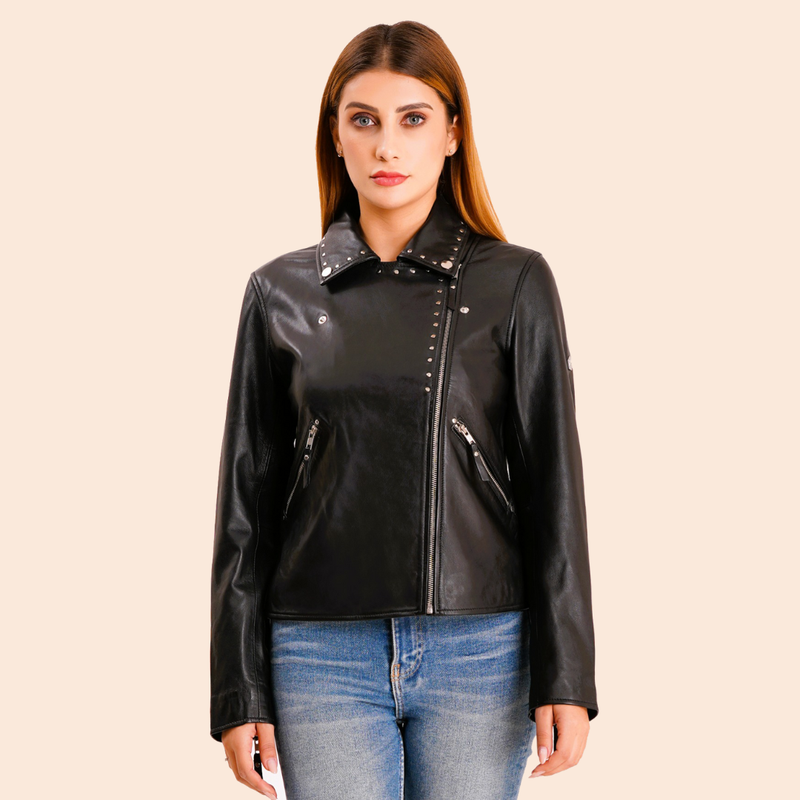 100% Real Lamp Leather Studs Collars Women Jacket | WX31