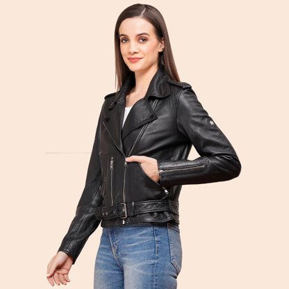 100% Leather Motorcycle Flap Pocket Jacket - Black | WX88