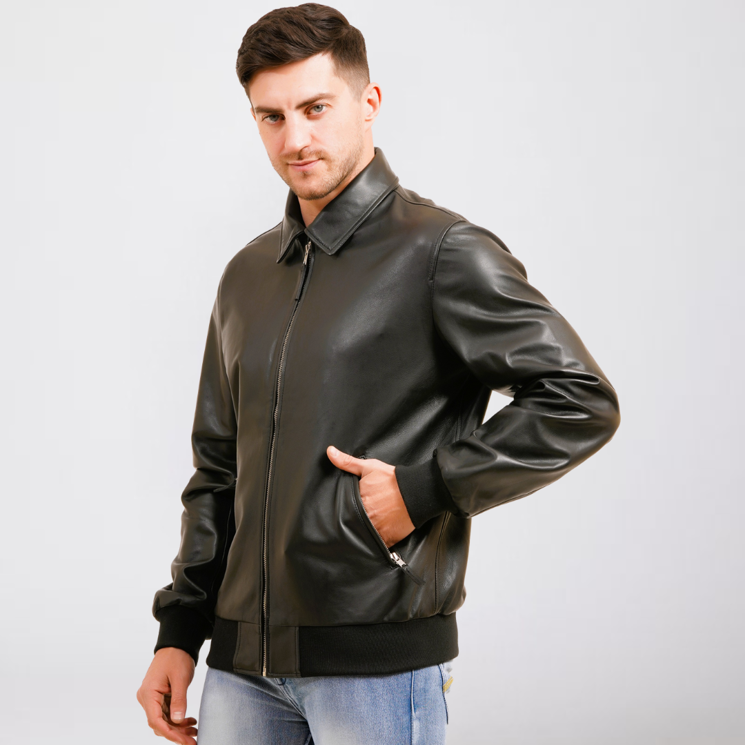 100% WASHED LEATHER COLLAR BOMBOR JACKET  MX 55