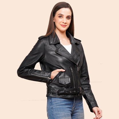 100% Leather Motorcycle Flap Pocket Jacket - Black | WX88