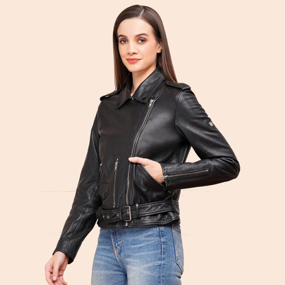 100% Leather Motorcycle Flap Pocket Jacket - Black | WX88
