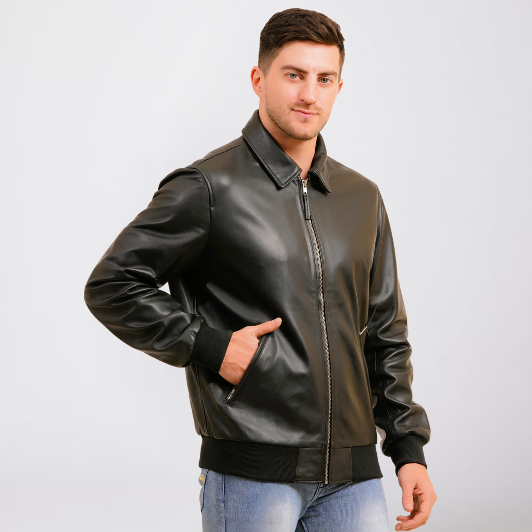100% WASHED LEATHER COLLAR BOMBOR JACKET  MX 55