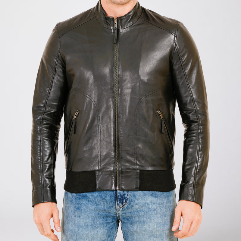 100% Leather Stand Bomber Jacket | MX53