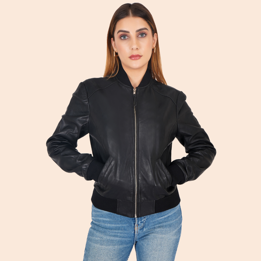 100% Washed Leather Rib Collar Bomber Jacket - WX 97