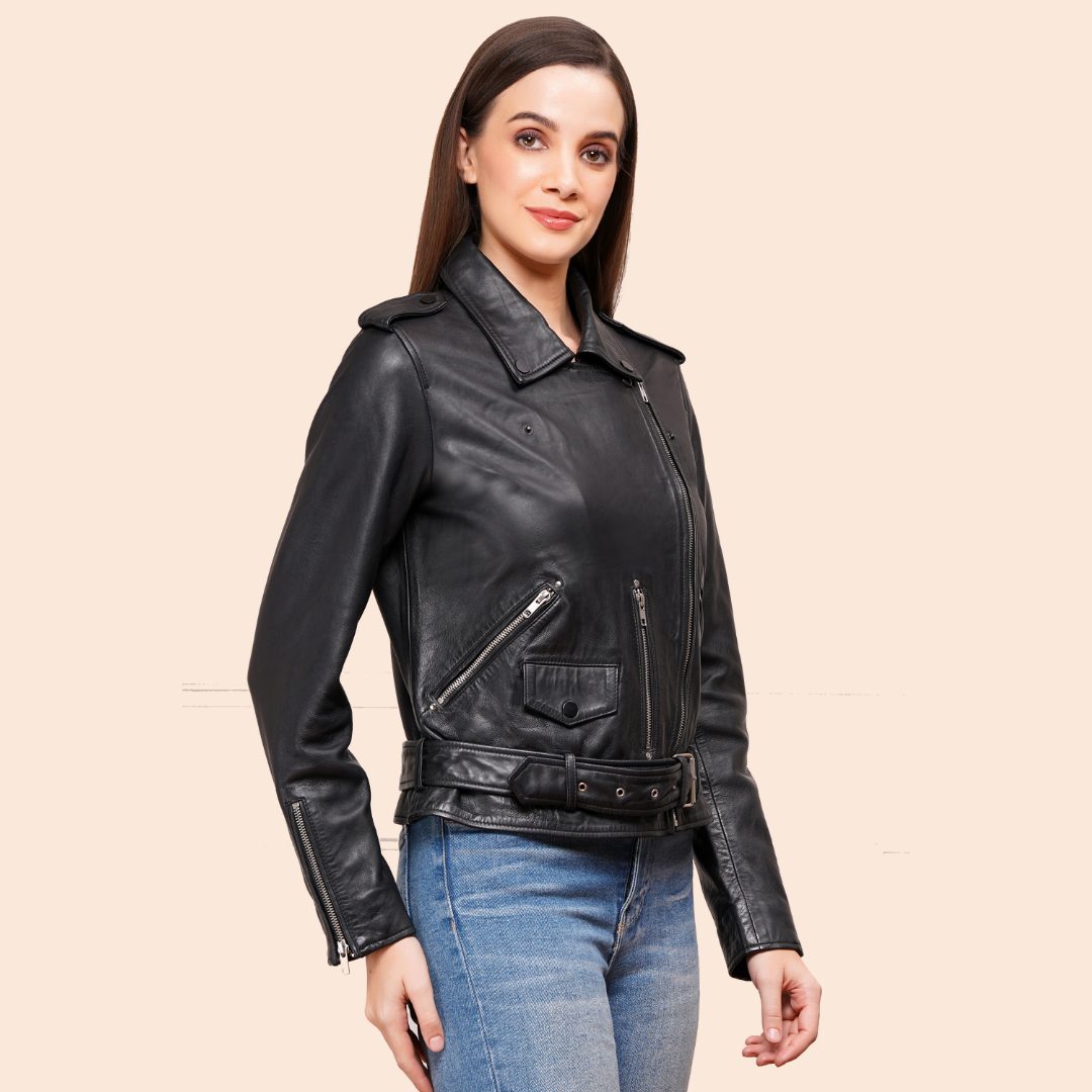 100% Leather Motorcycle Flap Pocket Jacket - Black | WX88