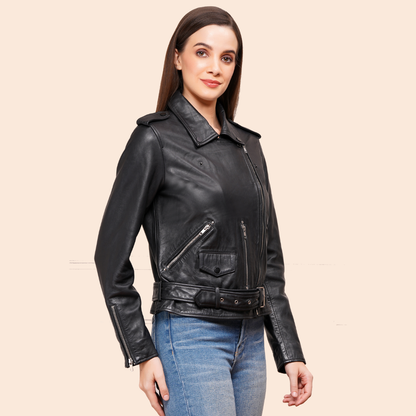 100% Leather Motorcycle Flap Pocket Jacket - Black | WX88