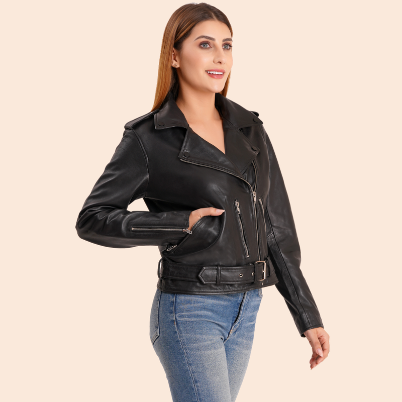 100% Leather Motorcycle Flap Pocket Jacket - Black | WX114