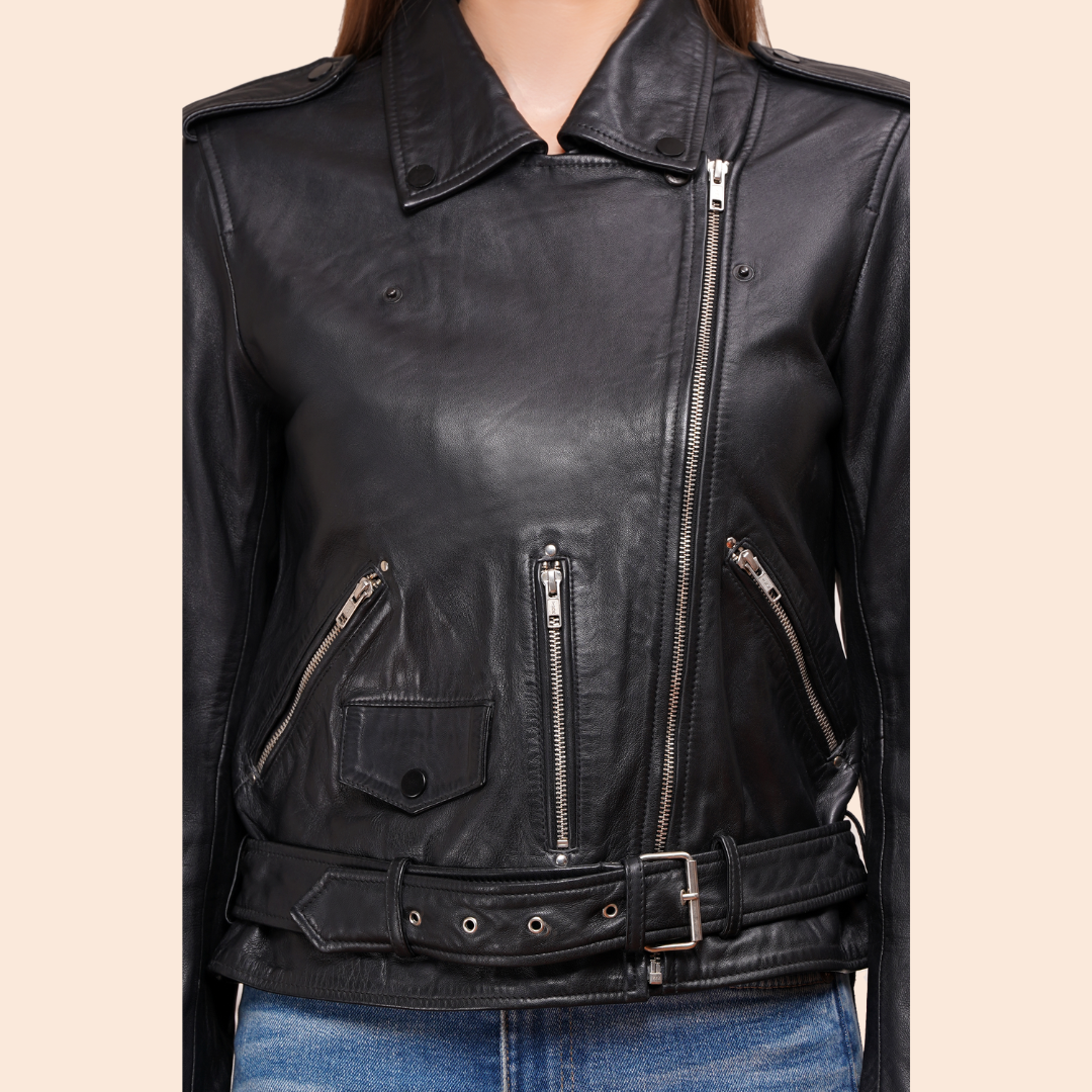 100% Leather Motorcycle Flap Pocket Jacket - Black | WX88