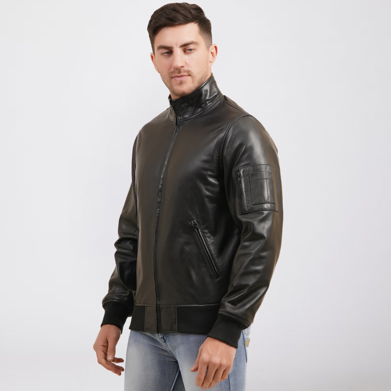 100% Washed Leather Zip Up Bomber Jacket - Black | MX80