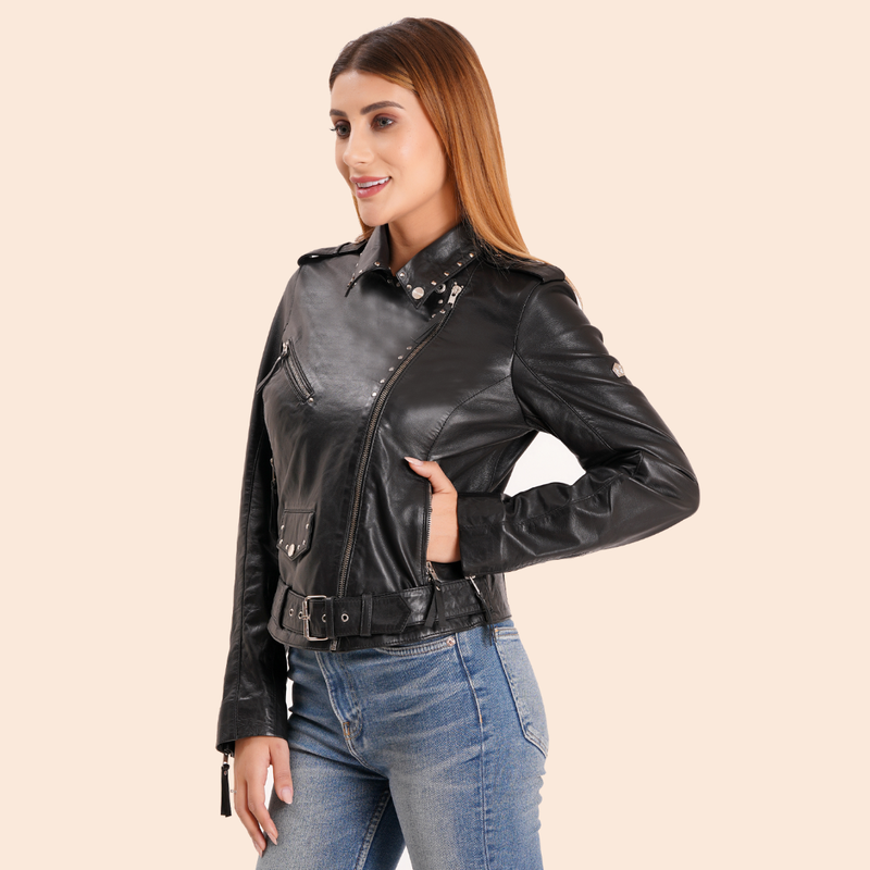 100% Leather Stud Biker Jacket | WX29