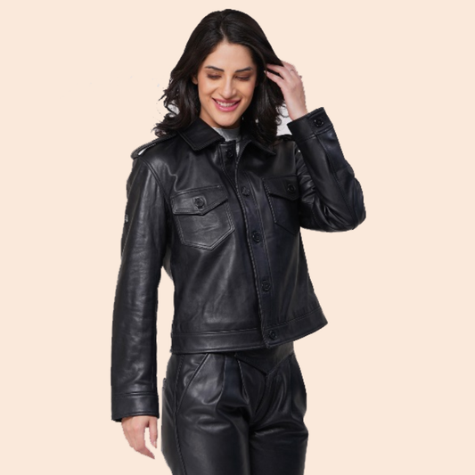 # TRUCKER WOMEN JACKET (WX 42)  :  100% NATURAL LAMB LEATHER