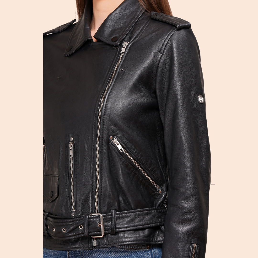 100% Leather Motorcycle Flap Pocket Jacket - Black | WX88