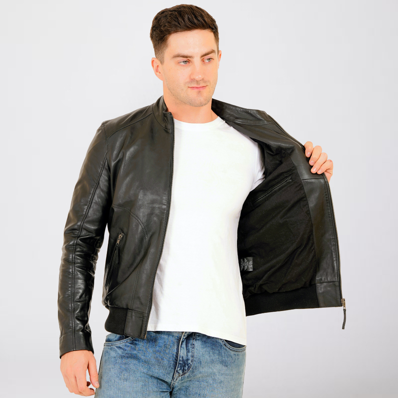 100% Leather Stand Bomber Jacket | MX53