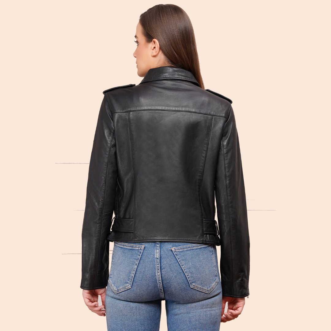 100% Leather Motorcycle Flap Pocket Jacket - Black | WX88